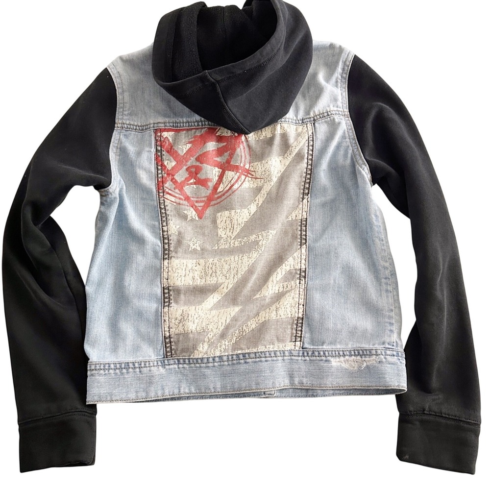 Young & Reckless Graphic Distressed Blue Denim Hooded Jacket Womens Size Small